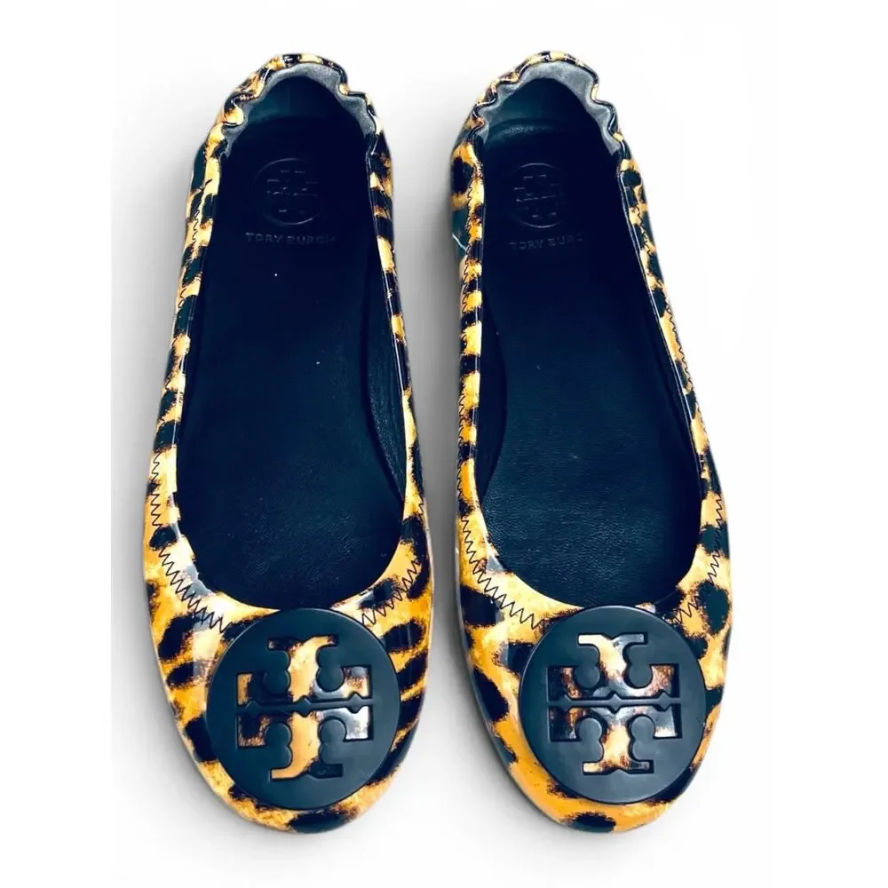 Tory Burch Minnie Travel Leopard Patent Leather Ballet Flats Logo Size 5